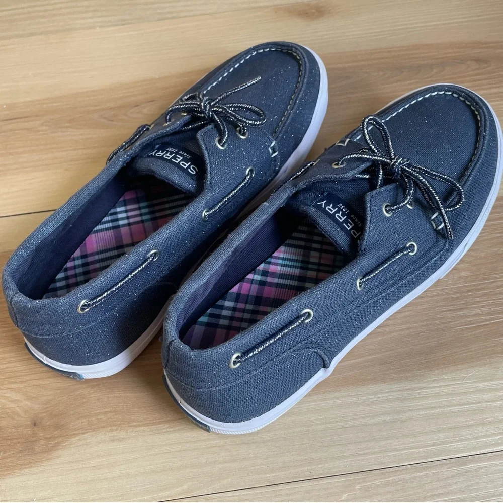 Sperry Women/girl’s Bahama Boat Shoe Slip On Loafer Navy Shimmer Sz 5.5